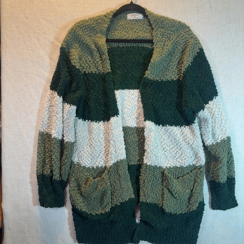 Zenana Open Front Cardigan Sweater Popcorn Knit Color Block Green White Women's